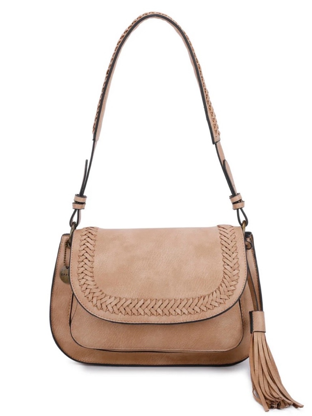 Woven Flap Shoulder Bag in Tan with Tassel